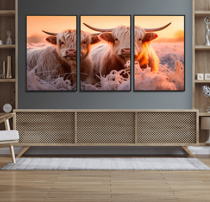 68253-MGV-CV-36X24-Highland Cow Wall Art – Rustic Farmhouse Cattle Canvas Print, Frosty Sunset Animal Artwork for Living Room, Bedroom or Country