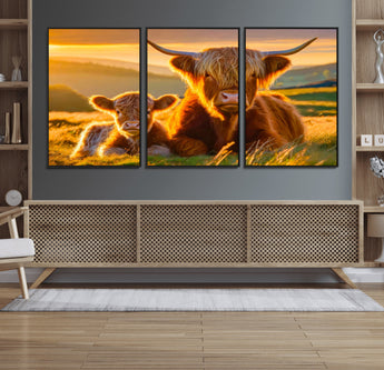 20567-MGV-FC-60X30-3P_Black-Highland Cow and Calf Wall Art – Rustic Farmhouse Sunset Cattle Canvas Print, Country Animal Artwork for Living Room, Bedroom, or