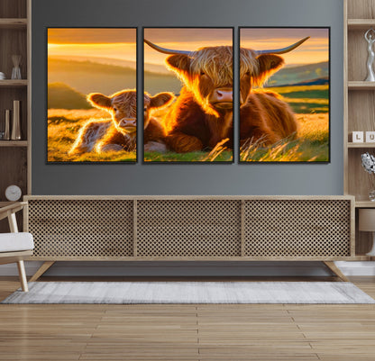 20567-MGV-FC-60X30-3P_Black-Highland Cow and Calf Wall Art – Rustic Farmhouse Sunset Cattle Canvas Print, Country Animal Artwork for Living Room, Bedroom, or
