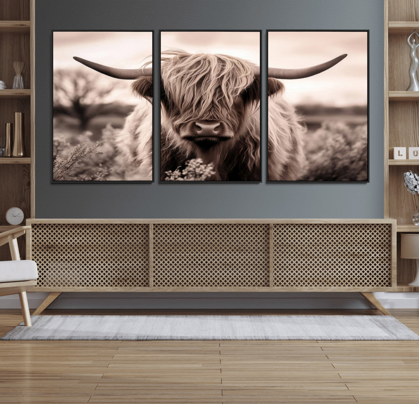55903-MGV-FC-60X30-3P_Black-Highland Cow Wall Art – Rustic Sepia Scottish Highland Bull Canvas Print, Farmhouse Country Animal Decor for Living Room, Bedroom