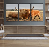 53461-MGV-FC-60X30-3P_Black-Highland Cow Family Wall Art – Rustic Farmhouse Animal Canvas Print, Country Decor for Living Room, Bedroom or Office, Calf and