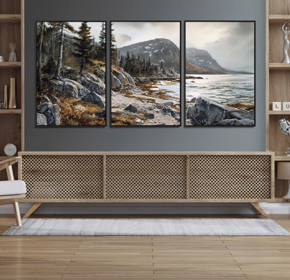 41281-MGV-CV-36X24-Rocky Shoreline Wall Art – Panoramic Mountain Coast and Forest Canvas Print, Rustic Nature Landscape Decor for Cabin, Lodge, or