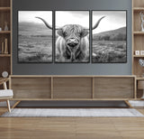 52903-MGV-CV-36X24-Highland Cow Wall Art – Black and White Canvas Print Rustic Cattle Portrait, Farmhouse Country Decor for Living Room, Office,