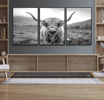52903-MGV-CV-36X24-Highland Cow Wall Art – Black and White Canvas Print Rustic Cattle Portrait, Farmhouse Country Decor for Living Room, Office,
