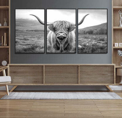 52903-MGV-CV-36X24-Highland Cow Wall Art – Black and White Canvas Print Rustic Cattle Portrait, Farmhouse Country Decor for Living Room, Office,