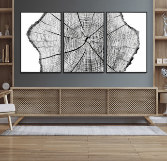 98709-MGV-CV-36X24-Tree Ring Wall Art – Black and White Canvas Print Rustic Wood Cross Section, Minimal Nature Inspired Decor for Living Room,