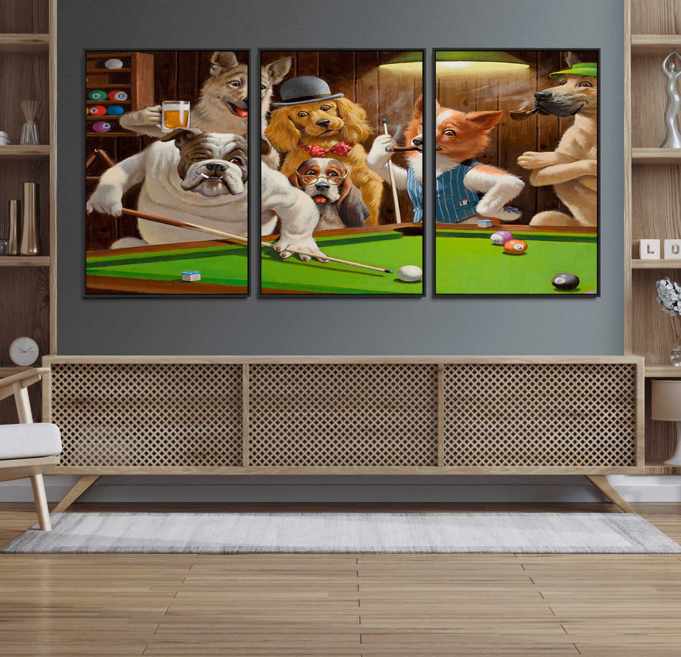34228-MGV-FC-60X30-3P_Black-Dogs Playing Pool Wall Art Canvas Print, Framed Funny Dog Art Picture Print, Dog Perfect Game Room Decor Artwork