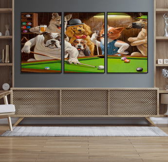 34228-MGV-FC-60X30-3P_Black-Dogs Playing Pool Wall Art Canvas Print, Framed Funny Dog Art Picture Print, Dog Perfect Game Room Decor Artwork