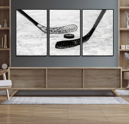 82900-MGV-CV-36X24-Hockey Wall Art – Black and White Canvas Print Ice Rink Sticks Puck Sports Photography, Modern Decor for Game Room, Man Cave,
