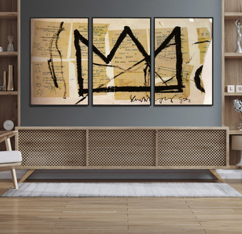 37215-MGV-FC-60X30-3P_Black-Abstract Crown Wall Art – Urban Graffiti Style Canvas Print Modern Street Art Design, Bold Contemporary Decor for Living Room,