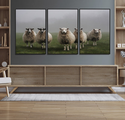 87339-MGV-CV-36X24-Sheep Wall Art – Rustic Farmhouse Canvas Print Flock Standing Misty Field Countryside Photography, Country Animal Decor for Living