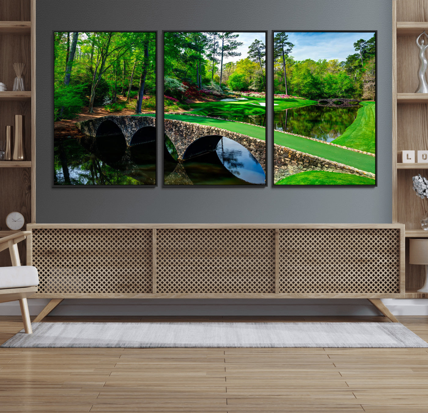 57655-MGV-FC-60X30-3P_Black-Golf Course Wall Art – Canvas Print Scenic Green Fairway Stone Bridge Water Reflection Landscape, Classic Sports Decor for Office,