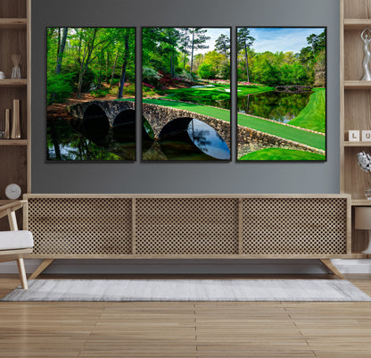 57655-MGV-FC-60X30-3P_Black-Golf Course Wall Art – Canvas Print Scenic Green Fairway Stone Bridge Water Reflection Landscape, Classic Sports Decor for Office,