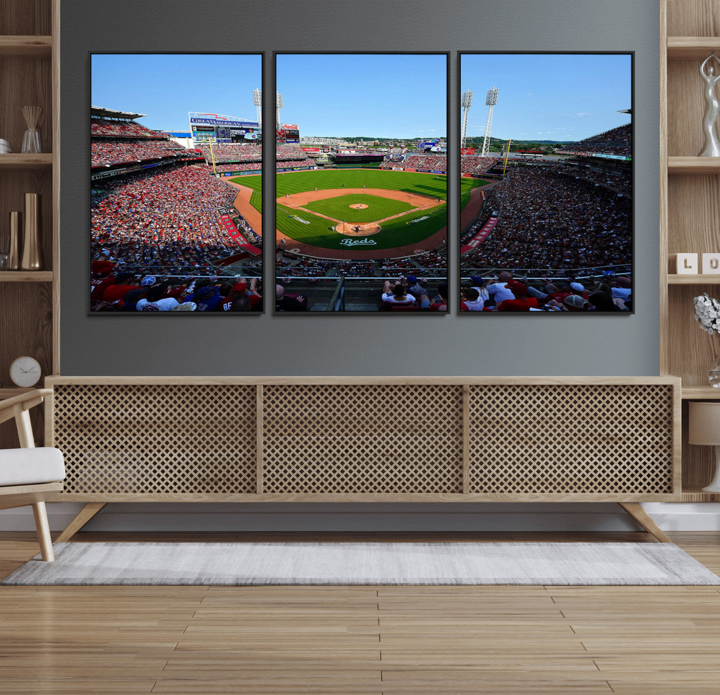90998-MGV-FC-60X30-3P_Black-Baseball Stadium Wall Art – Canvas Print Day Game Field Packed Crowd Bright Blue Sky Sports Photography, Classic Decor for Game