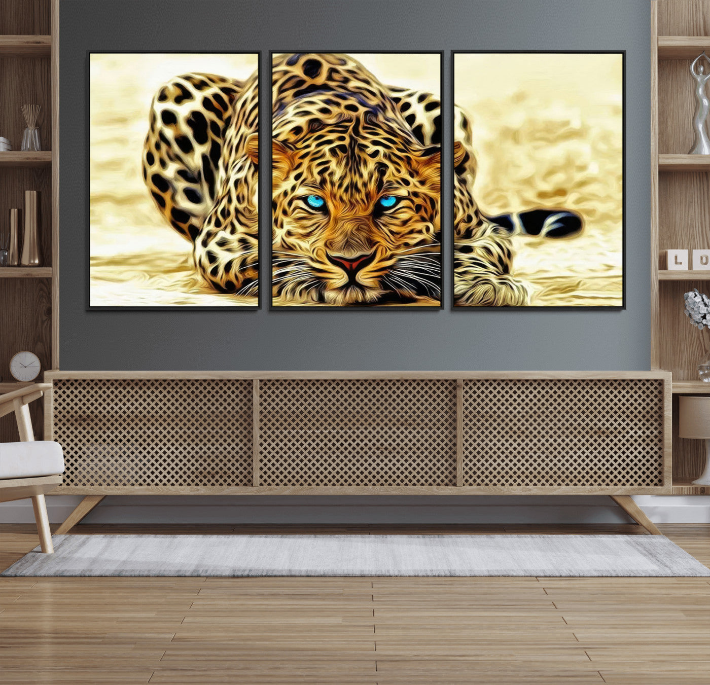 45281-MGV-FC-60X30-3P_Black-Blue Eye Leopard Wall Art Canvas Print, Framed Leopard Painting Art Picture Print, Big Cat Perfect Safari Wildlife Decor Artwork
