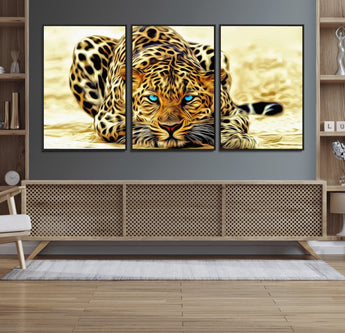 45281-MGV-FC-60X30-3P_Black-Blue Eye Leopard Wall Art Canvas Print, Framed Leopard Painting Art Picture Print, Big Cat Perfect Safari Wildlife Decor Artwork