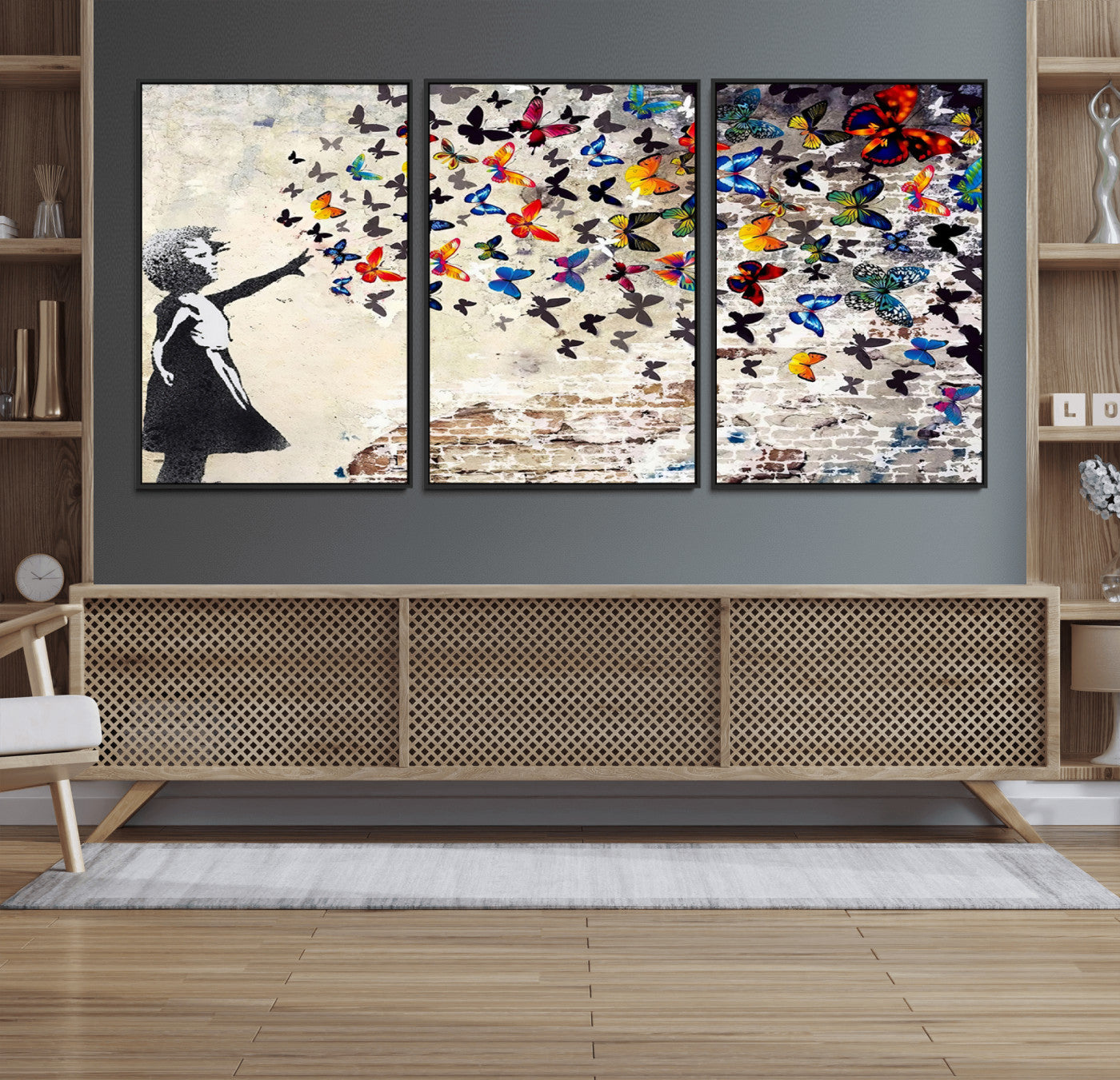 97895-MGV-FC-60X30-3P_Black-Girl with Butterflies Wall Art – Colorful Street Art Style Canvas Print, Modern Graffiti-Inspired Butterfly Artwork for Living