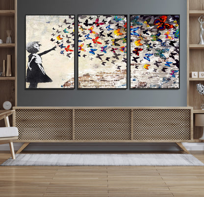 97895-MGV-FC-60X30-3P_Black-Girl with Butterflies Wall Art – Colorful Street Art Style Canvas Print, Modern Graffiti-Inspired Butterfly Artwork for Living