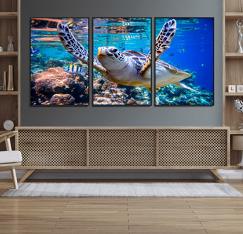 12683-MGV-CV-36X24-Sea Turtle Wall Art – Graceful Ocean Canvas Print with Coral Reef and Tropical Fish, Coastal Marine Life Decor for Beach House,