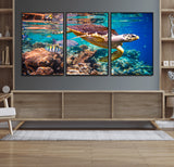 66614-MGV-FC-60X30-3P_Black-Sea Turtle Wall Art – Hawksbill Turtle Swimming Over Coral Reef Canvas Print, Ocean Marine Life Decor for Beach House, Coastal