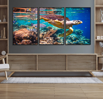 66614-MGV-FC-60X30-3P_Black-Sea Turtle Wall Art – Hawksbill Turtle Swimming Over Coral Reef Canvas Print, Ocean Marine Life Decor for Beach House, Coastal