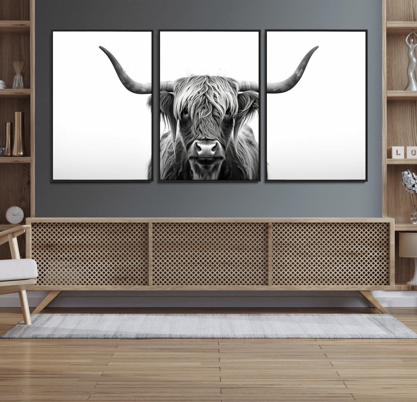 49556-MGV-FC-60X30-3P_Black-Highland Cow Wall Art – Black and White Scottish Highland Cattle Print, Rustic Farmhouse Minimalist Animal Portrait Canvas for