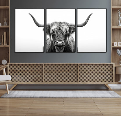 49556-MGV-FC-60X30-3P_Black-Highland Cow Wall Art – Black and White Scottish Highland Cattle Print, Rustic Farmhouse Minimalist Animal Portrait Canvas for