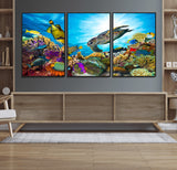 44772-MGV-FC-60X30-3P_Black-Underwater Sea Turtle Wall Art – Vibrant Coral Reef and Tropical Fish Canvas Print, Ocean Marine Life Decor for Living Room,