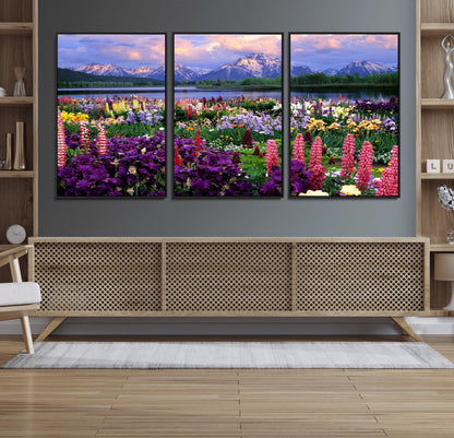 82270-MGV-FC-60X30-3P_Black-Colorful Wildflower Meadow Landscape Wall Art – Snow-Capped Mountain Lake Sunset Print, Vibrant Nature Artwork for Living Room,