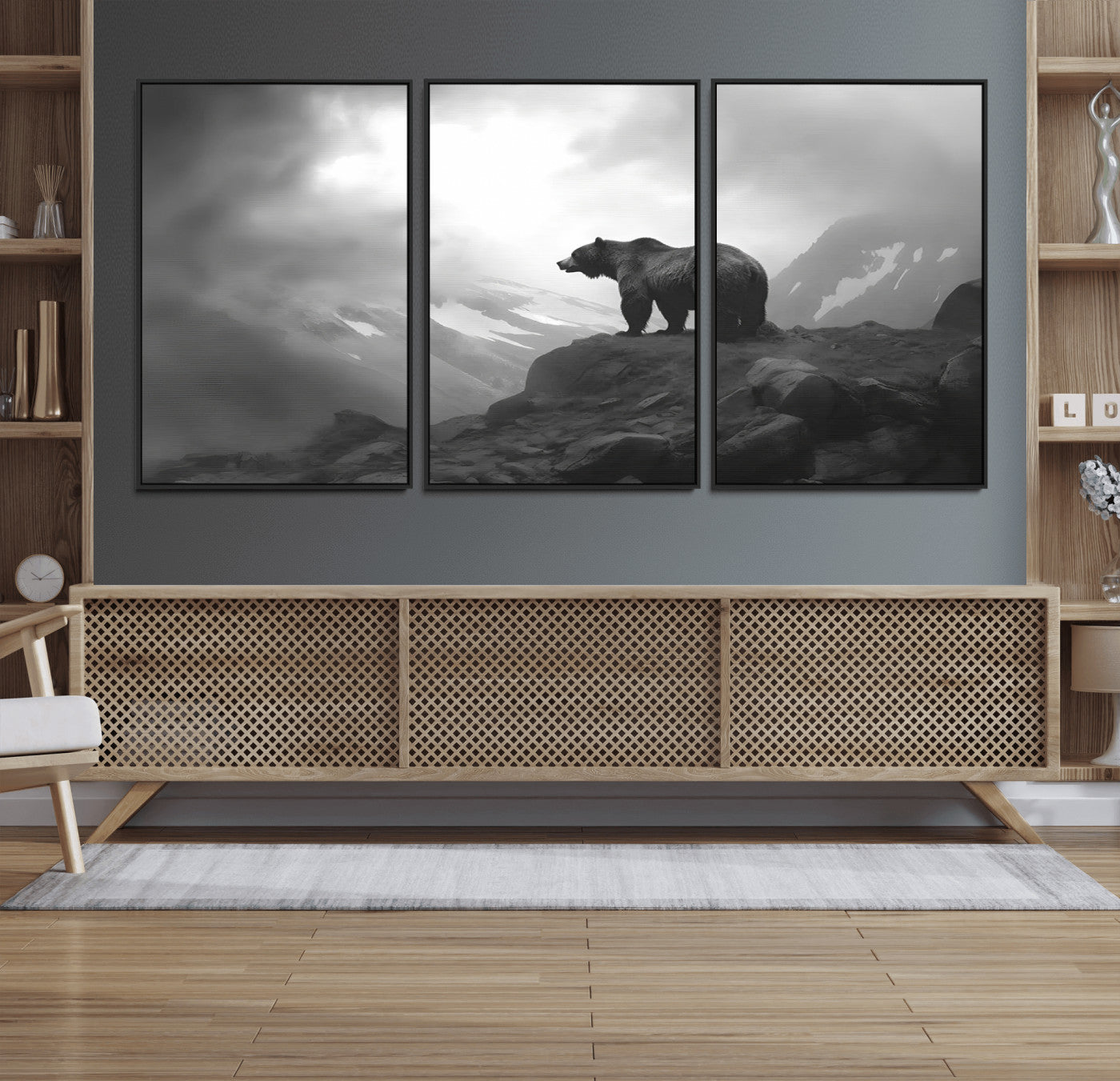 49504-MGV-FC-60X30-3P_Black-Black and White Grizzly Bear Wall Art – Wilderness Wildlife Painting, Rustic Mountain Cabin Decor, Monochrome Animal Print for