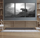 49504-MGV-FC-60X30-3P_Black-Black and White Grizzly Bear Wall Art – Wilderness Wildlife Painting, Rustic Mountain Cabin Decor, Monochrome Animal Print for