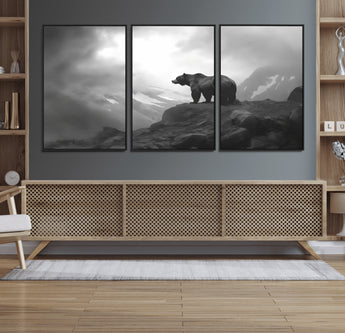 49504-MGV-FC-60X30-3P_Black-Black and White Grizzly Bear Wall Art – Wilderness Wildlife Painting, Rustic Mountain Cabin Decor, Monochrome Animal Print for