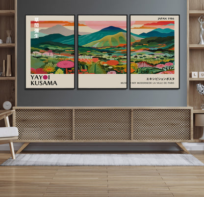 54215-MGV-FC-60X30-3P_Black-Yayoi Kusama Wall Art – Panoramic Japanese Landscape Canvas Print, Modern Abstract Nature Decor for Office, Bedroom or Living Room