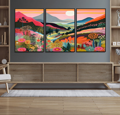 61376-MGV-FC-60X30-3P_Black-Floral Valley Wall Art – Panoramic Mountain Landscape Canvas Print, Vibrant Nature Decor for Living Room, Office, or Bedroom