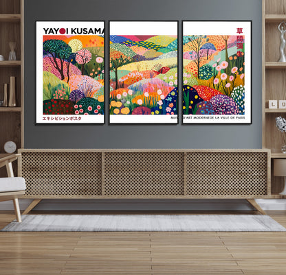 75201-MGV-FC-60X30-3P_Black-Yayoi Kusama Floral Wall Art – Vibrant Abstract Landscape Canvas Print, Modern Pop Art Poster for Living Room, Bedroom, or Gallery
