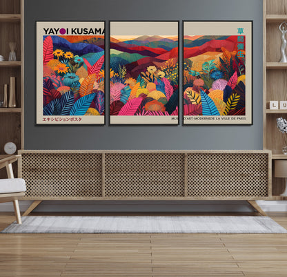 70959-MGV-FC-60X30-3P_Black-Yayoi Kusama Inspired Wall Art – Bold Floral Landscape Canvas Print, Vibrant Modern Abstract Poster for Living Room, Bedroom, or