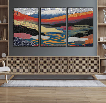 32131-MGV-FC-60X30-3P_Black-Japanese Mount Fuji Wall Art – Abstract Landscape Canvas Print with Swirling Sky & River, Modern Minimalist Asian Inspired Poster