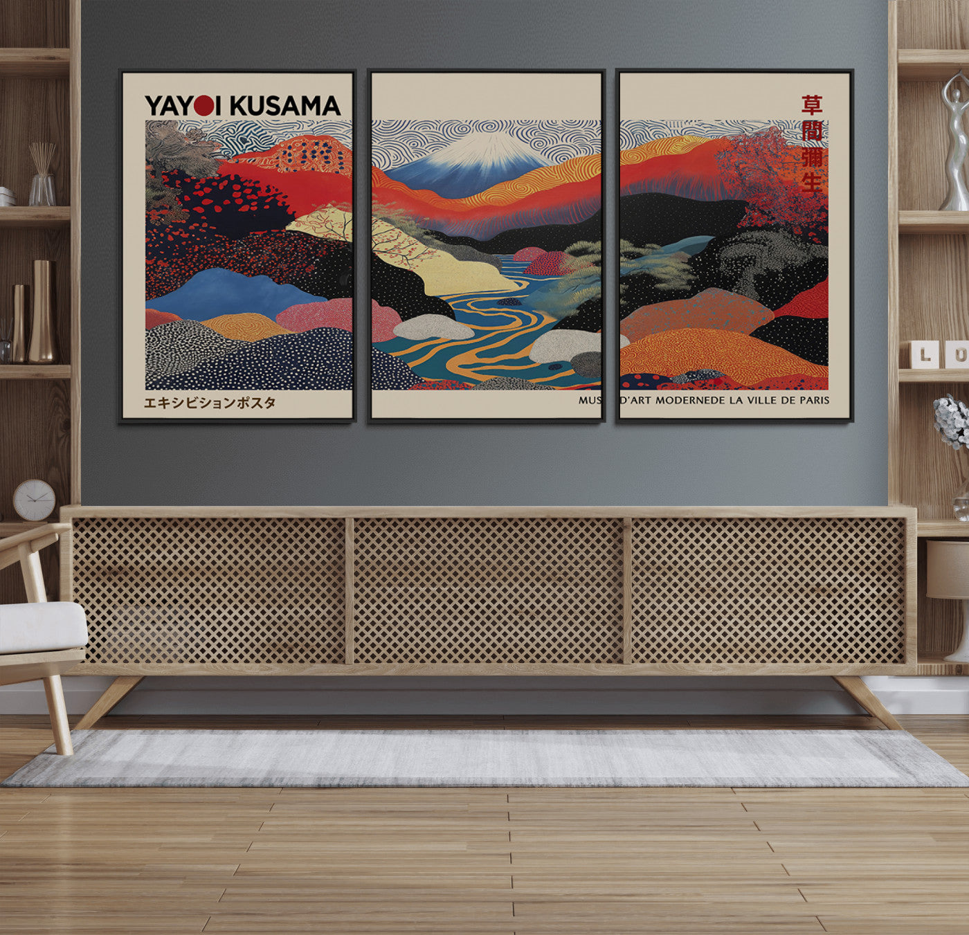 27188-MGV-FC-60X30-3P_Black-Yayoi Kusama Wall Art – Panoramic Abstract Landscape Canvas Print, Vibrant Modern Decor for Living Room, Bedroom, Office, or Art