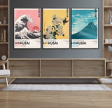 Katsushika-MGV-FC-60X30-3P_Black-Katsushika Hokusai Wall Art Set – The Great Wave, Hydrangea and Swallow, Fine Wind Canvas Prints, Japanese Ukiyo e Style Home and