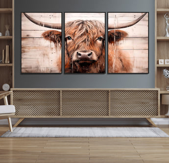 93730-MGV-FC-60X30-3P_Black-Scottish Cow Wall Art Canvas Print, Framed Longhorn Cow Art Picture Print, Highland Cattle Perfect Rustic Farmhouse Decor Artwork