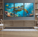 37623-MGV-FC-60X30-3P_Black-Sea Turtle Wall Art – Underwater Ocean Canvas Print with Coral Reef and Tropical Fish, Marine Life Painting Poster for Living