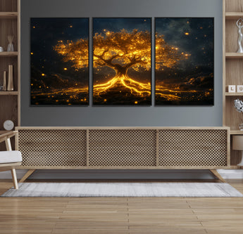 60194-MGV-FC-60X30-3P_Black-Glowing Tree Wall Art – Golden Roots Fantasy Canvas Print, Mystical Illuminated Tree Painting Poster for Living Room, Bedroom,