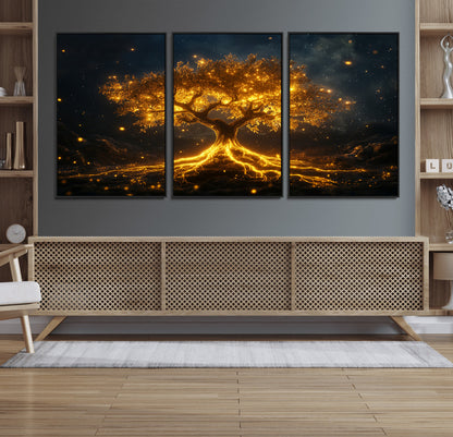 60194-MGV-FC-60X30-3P_Black-Glowing Tree Wall Art – Golden Roots Fantasy Canvas Print, Mystical Illuminated Tree Painting Poster for Living Room, Bedroom,