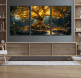 92739-MGV-FC-60X30-3P_Black-Glowing Tree Wall Art – Enchanted Golden Forest Canvas Print, Mystical Illuminated Nature Painting Poster for Living Room,