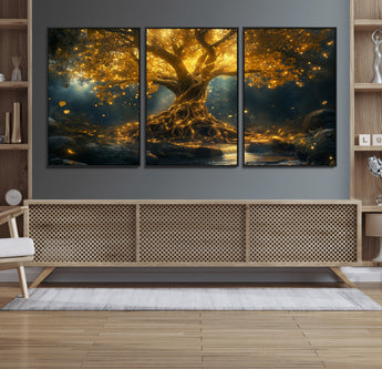 92739-MGV-FC-60X30-3P_Black-Glowing Tree Wall Art – Enchanted Golden Forest Canvas Print, Mystical Illuminated Nature Painting Poster for Living Room,