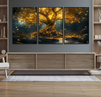 92739-MGV-FC-60X30-3P_Black-Glowing Tree Wall Art – Enchanted Golden Forest Canvas Print, Mystical Illuminated Nature Painting Poster for Living Room,