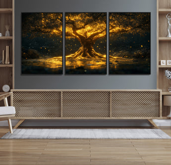 59580-MGV-FC-60X30-3P_Black-Glowing Tree Wall Art – Golden Fantasy Nature Canvas Print, Mystical Illuminated Tree Painting Poster for Living Room, Bedroom,