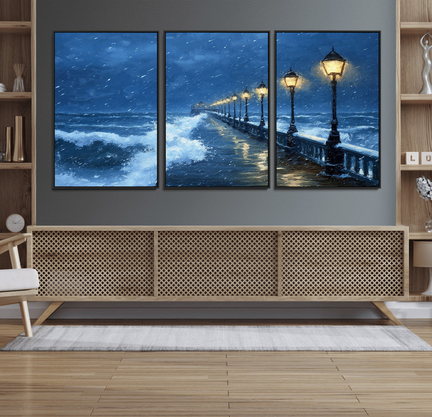 32668-MGV-FC-60X30-3P_Black-Stormy Pier Wall Art – Ocean Waves and Street Lamps Canvas Print, Rainy Night Seascape Oil Painting Poster for Living Room,