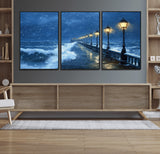 32668-MGV-FC-60X30-3P_Black-Stormy Pier Wall Art – Ocean Waves and Street Lamps Canvas Print, Rainy Night Seascape Oil Painting Poster for Living Room,