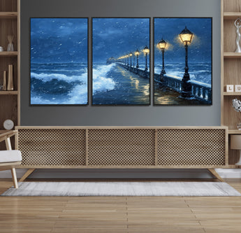 32668-MGV-FC-60X30-3P_Black-Stormy Pier Wall Art – Ocean Waves and Street Lamps Canvas Print, Rainy Night Seascape Oil Painting Poster for Living Room,